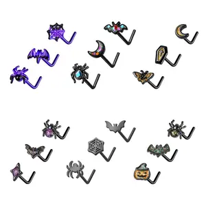 OUFER Halloween Theme 20G 3PCS L Shaped Nose Studs with Spooky Designs Including Bat Spider and Pumpkin Motifs