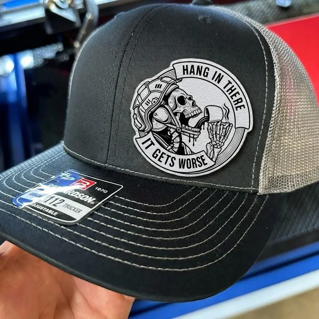 Hang In There It Gets Worse Firefighter Skull Trucker Hat, Funny Dark Humor Mesh Cap, Cap for Men & Women