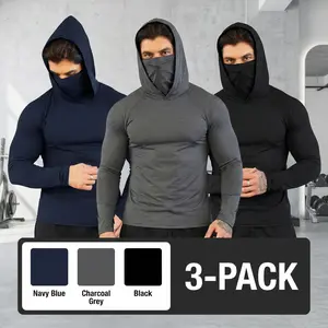 Tiemuzhen 3-Piece Men's Quick-Dry Windproof Hoodie with Face Shield Lightweight High Elastic Compression Sportswear for Outdoor Activities Running Fitness HE375403 - Casual Workout Tops Comfortable Long-Sleeve Polos