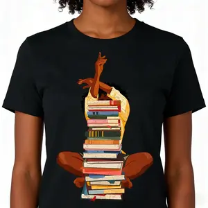Black Woman And Books Stack T-Shirt, Afro Girl Book Lover Graphic Tee, Unisex Short Sleeve Melanin Pride Apparel for Women and Men, Aesthetic Literary Culture Fashion Top, Education Advocate Streetwear Shirt