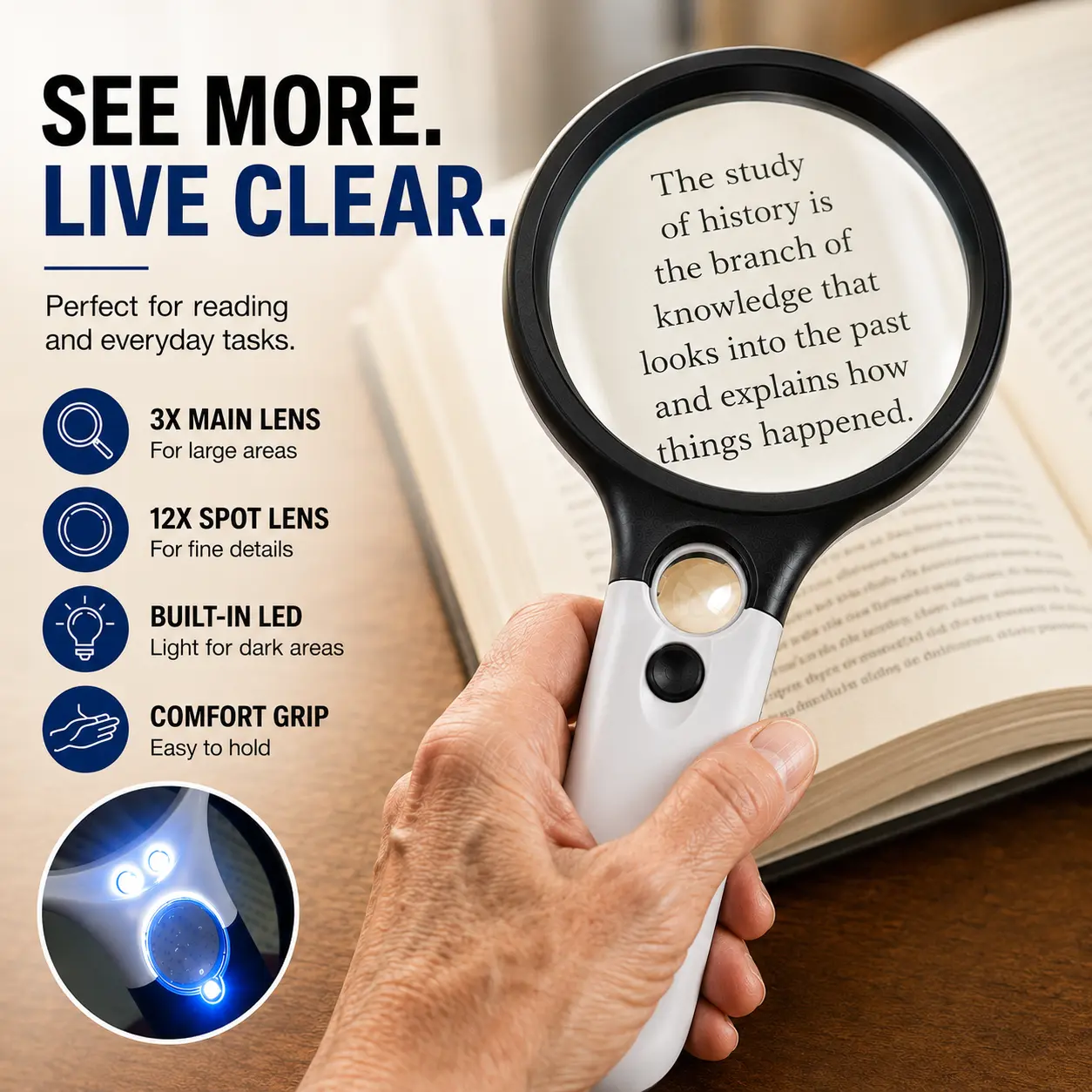 Portable Magnifying Glass - 3X Main Lens, 45X Zoom, 3 Built-in LED Lights, 75mm Large Lens Handheld Magnifier for Seniors' Everyday Tasks, Coins & Jewelry Exploration, Illumination