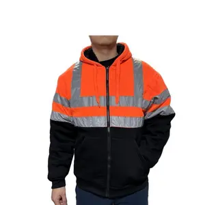 Men’s High-Visibility Safety Reflective Zip-Up Hoodie Sweatshirt, Wool Fleece