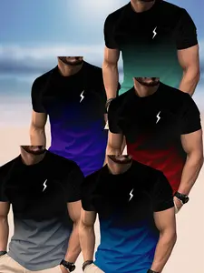 5pcs Men's Gradient Lightning Print T-Shirts, Short Sleeve Crew Neck Tees, Summer Outdoor Streetwear Men's Clothing