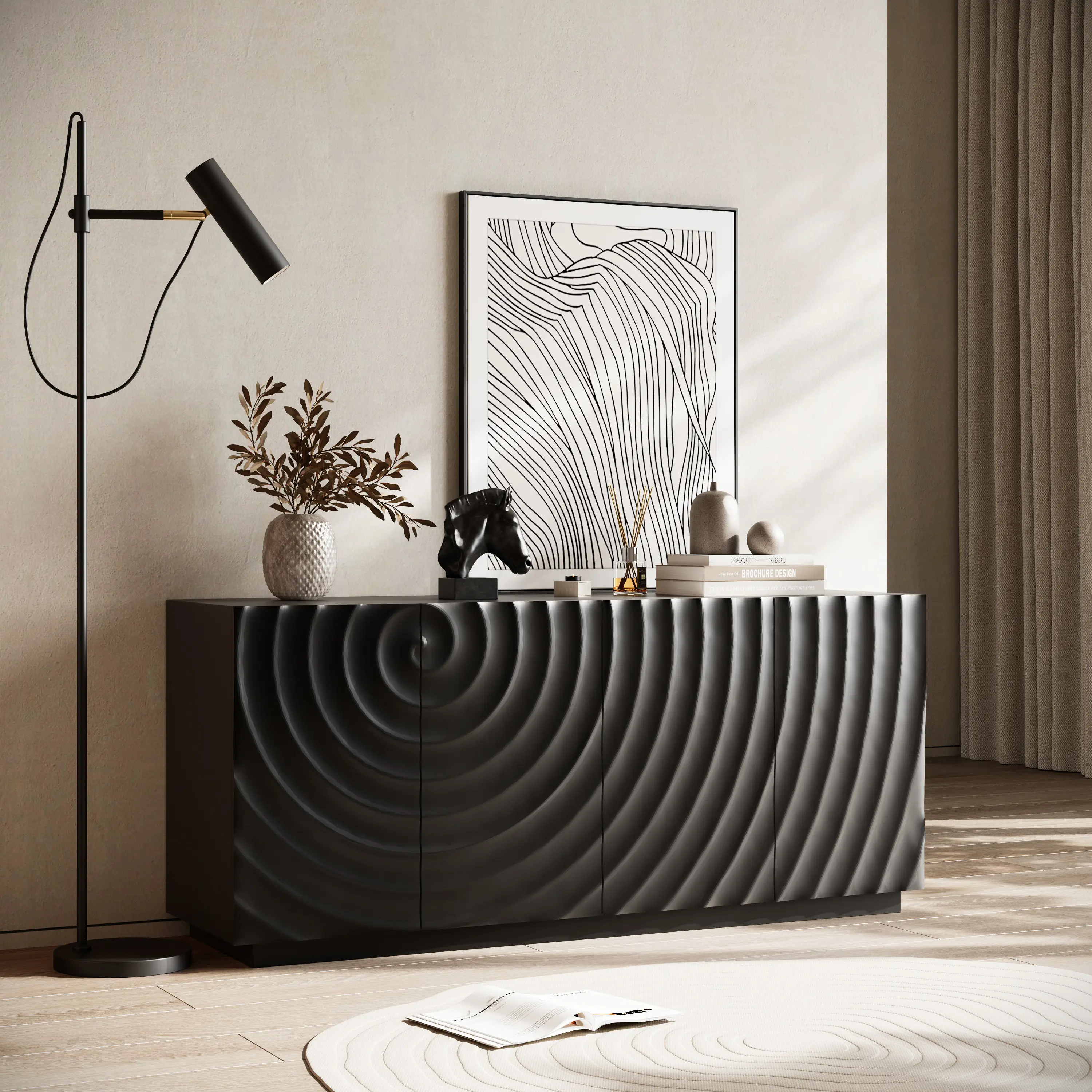 Modern Art Black Spiral Texture Curved Sideboard Accent Cabinet - Storage Buffet for Stylish Home Decor, Curved Sideboard Cabinet