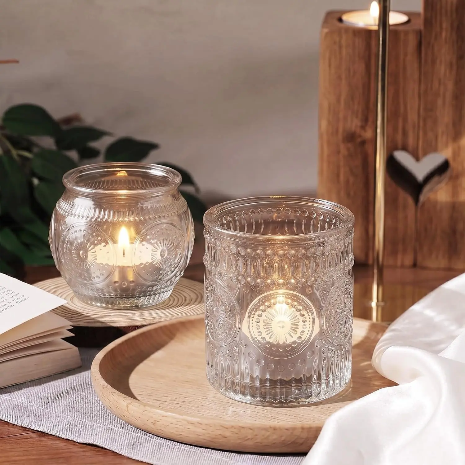 Vintage Glass Tealight Candle Holders, Decorative Clear Candle Jars for Wedding Table Decor