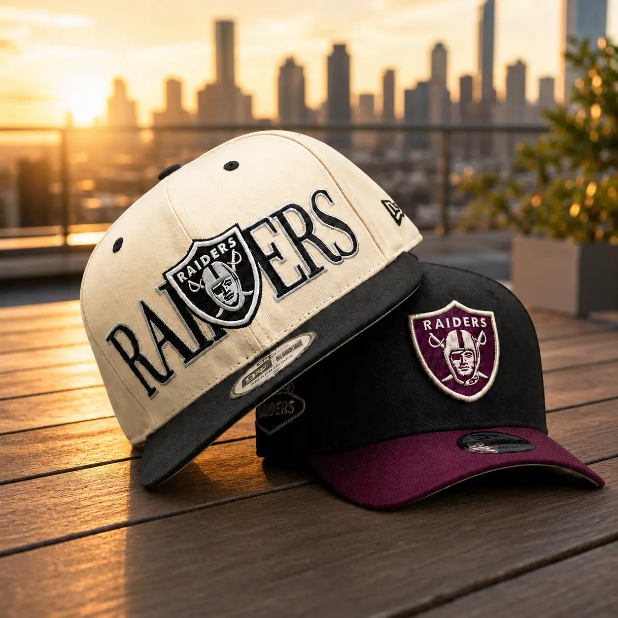 New Era Raiders Football Franchise Flat-Bill Snapbacks Stacked Pair Alignment | Premium Embroidered Team Shield Logo Cap | Dual Variant Showcase new