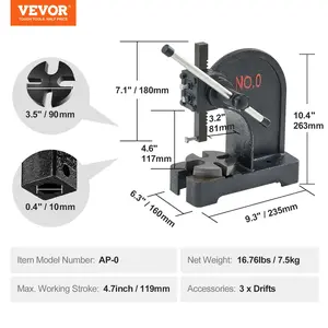 VEVOR Arbor Press, 0.5 Ton Manual Arbor Press, 4.6 Maximum Height, Cast Iron Heavy-duty Manual Desktop Arbor Press, Precision Hand Press for Stamping, Bending, Stretching, Forming