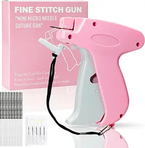 Pink Pocket-Sized Sewing Machine Handheld Stitch Gun, Quick Clothing Fixer Sewing Kit with 1000 Black Fasteners, 1000 White Fasteners, 6 Needles, Pocket-Sized Sewing Machines
