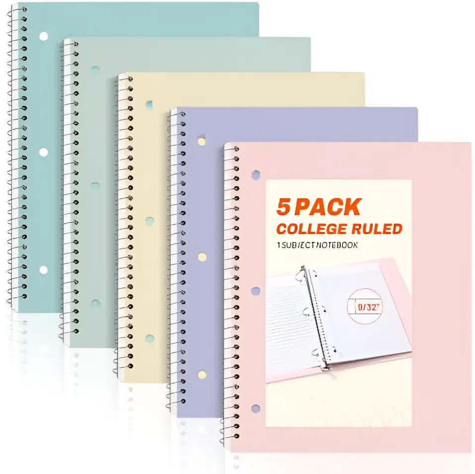 Spiral Notebooks, 1-Subject, 5 Pack, College Ruled Paper, 8" x 10-1/2", 70 Sheets per Notebook,3-Hole Punched Paper, Pink,Purple, Blue, Green, Yellow Spiral Lined Notebooks for School,Work