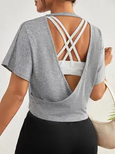Women's Plain Backless Sports Tee, Casual Cut Out Batwing Sleeve Round Neck Sports T-shirt for Summer, Ladies Sportswear for Indoor Outdoor Wear Hollow Back Activewear, Workout T Shirt, Athletic Shirts, Fitness Clothes Tops