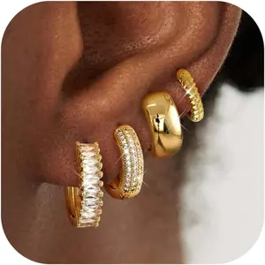 Florideco 4Pairs Small Hoop Earrings for Women Trendy 14K Gold Plated Stackable Chunky Earrings Hypoallergenic Huggie Earring Stacks Lightweight Earring Sets for Multiple Piercing
