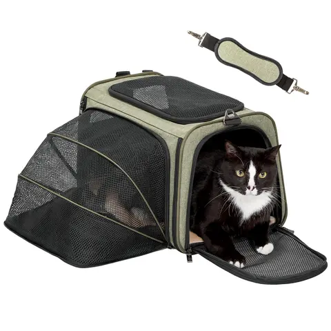 Petsfit Expandable Airline Approved Pet Carrier | Soft-Sided 2.5lb Carrier Expands for Extra Space | Locking Zippers, Washable Mat, Luggage Strap & Shoulder Strap