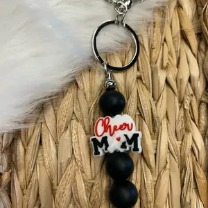 Cheer Mom Keychain with Black Beads and Red Lettering, Includes Keyring and Beads