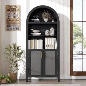 Arched Bookcase with Doors - 5 Tier Open Display Shelf with Rattan Decor, Modern Bookshelf Storage Cabinet for Home Office Living Room Library, Black