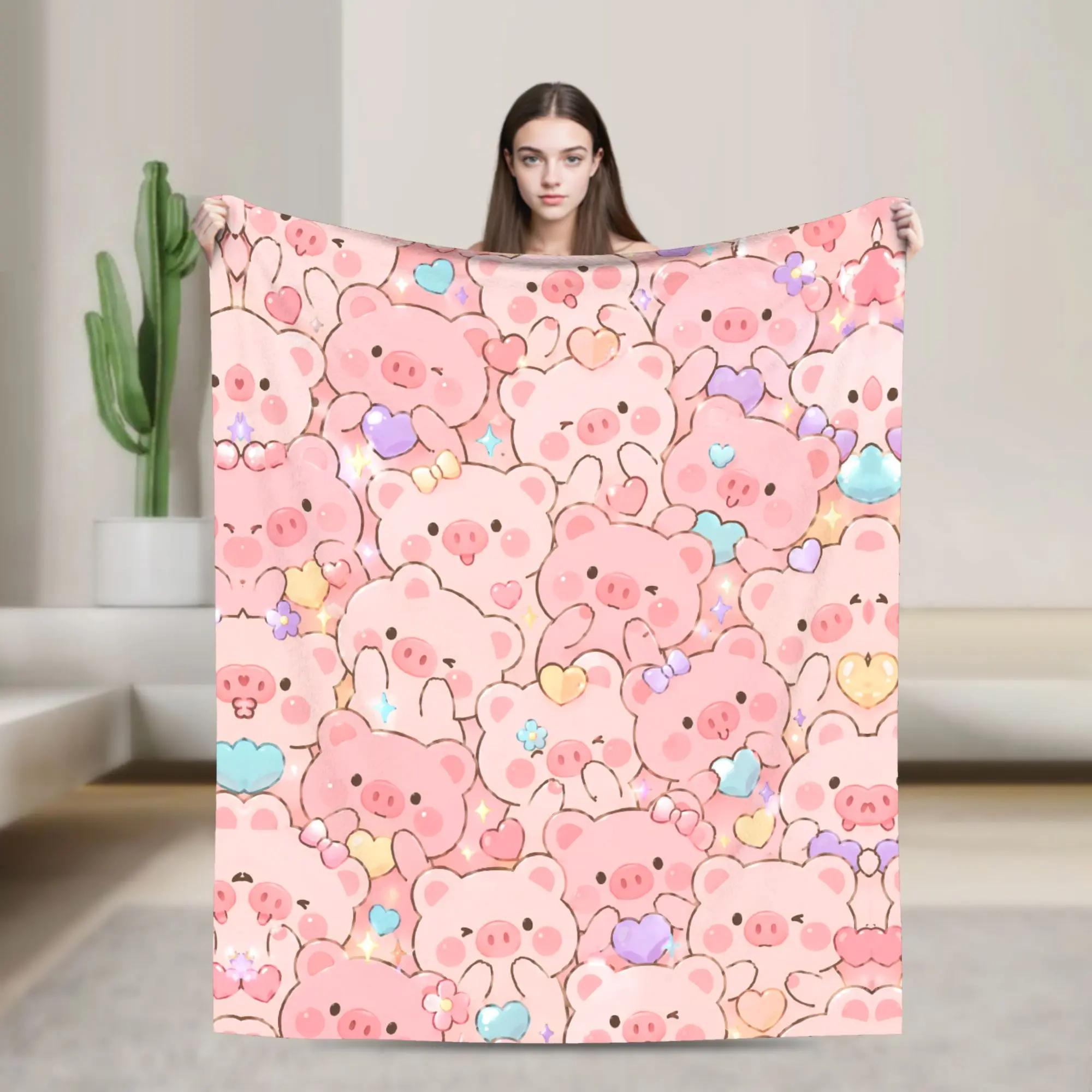 Cute Pink Pig Print Camping Fleece Throw Blanket - Kawaii Anime & Manga Piggy Heart-Flower Design, Soft Cozy Flannel, Anti-Shedding Durable Machine Washable, All Seasons Travel Blanket, Birthday Holiday Gift for Kids, Multi-Size Home Couch Bed Gear