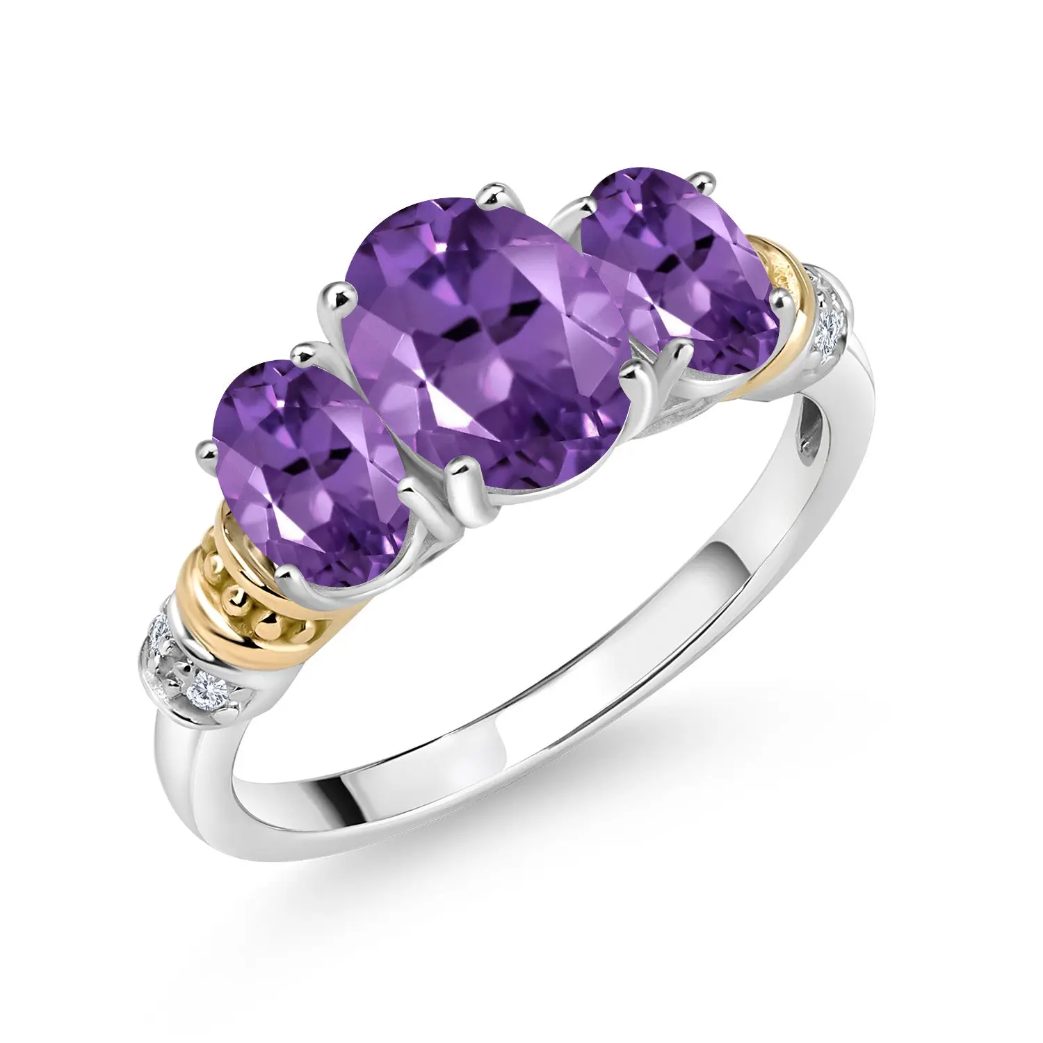 2.08 Cttw Purple Amethyst and Accent Diamond 3-Stone Ring For Women 925 Sterling Silver and 10K Yellow Gold | Gemstone February Birthstone | Wedding Engagement Anniversary Promise Ring