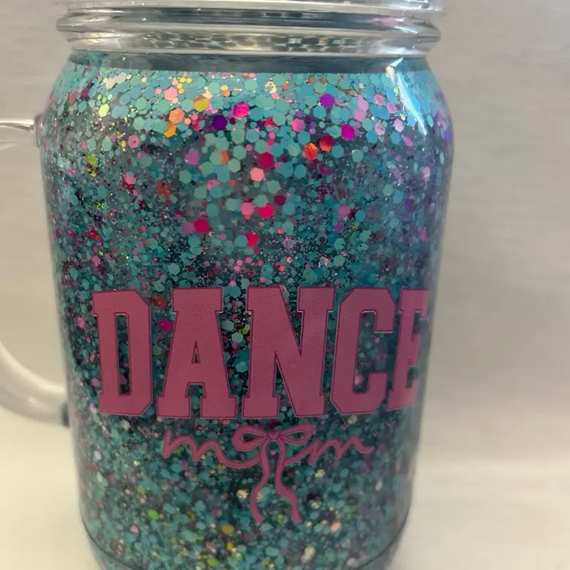 Mason Jar Mug with Colorful Glitter Design and "DANCE MOM" Text