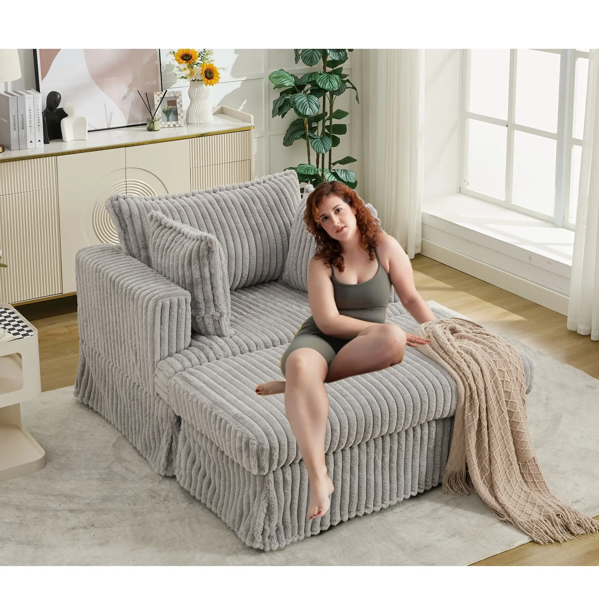 47.7'' Oversized Corduroy Chaise Lounge with Ottoman, Deep Seat Reading Book Nook Chair, Upholstered Corduroy Skirted Sofa Chair with Pillows, Plush Chair Bed for Living Room-Light Gray