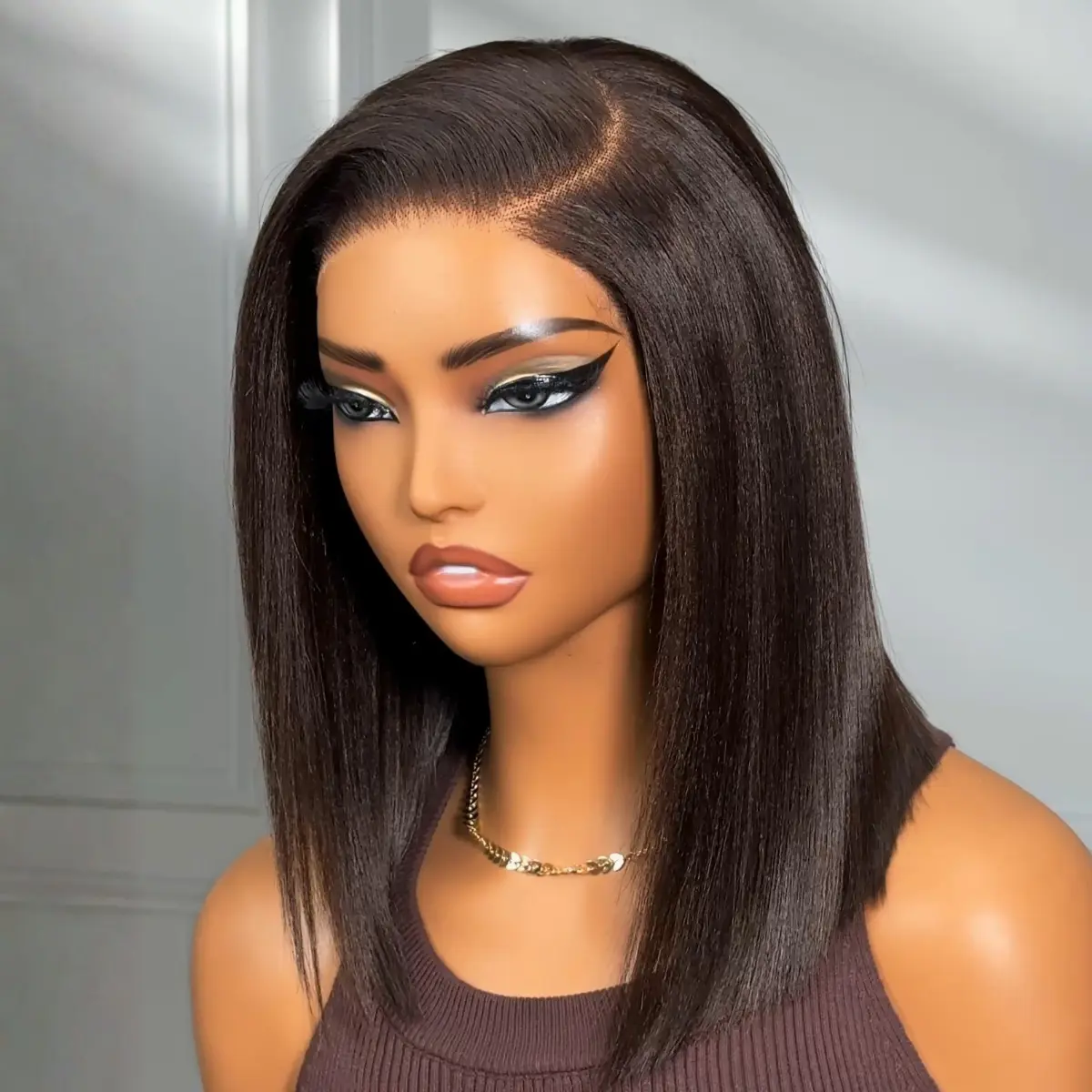UNICE Dark Chocolate Brown Yaki Straight Bob, Glueless Human Hair Wig with 7x5 Pre-Cut HD Lace and Bleached Knots for a Natural Scalp, Beginner Friendly, Glueless Beginner Wig, Natural Scalp Wig