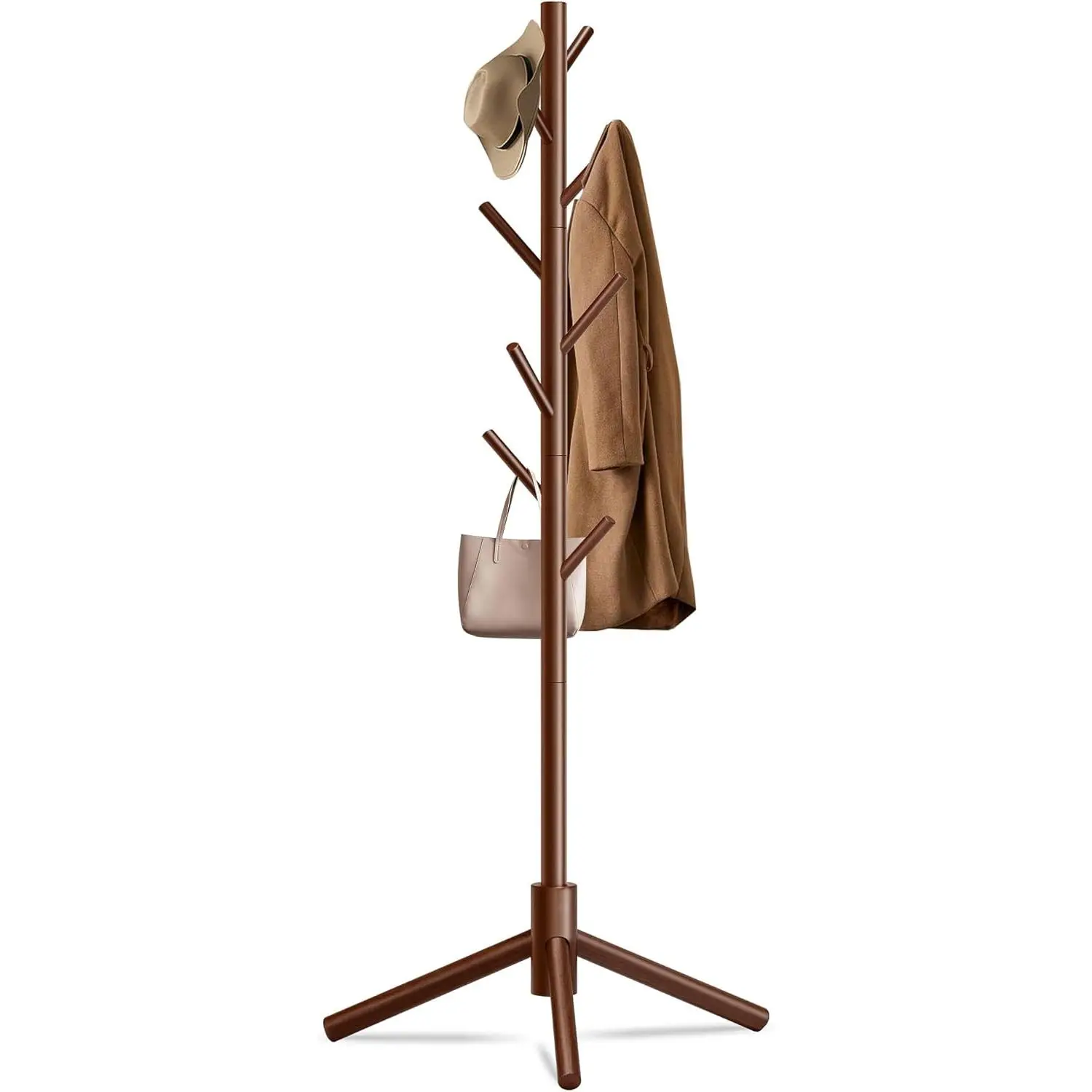 Durable Wooden Coat Rack, Freestanding Coat Rack with  Triangular Base, 8 Hooks & 3 Adjustable Heights, Simple Assembly for Bedroom, Hallway, Office( Brown)