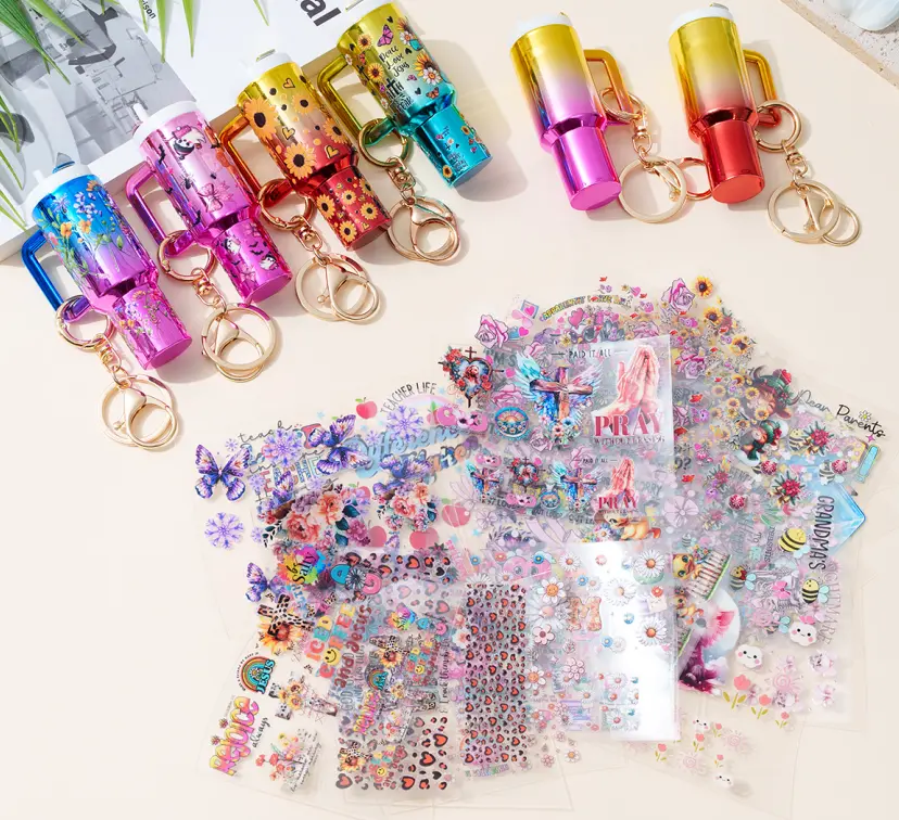 70pcs/24pcs Cartoon Mini Tumbler Cup Gradient color Keychains Stickers Set Key Charms