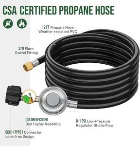 Alloxity 12ft Propane Regulator with Hose&Gauge, 0-1Psi Propane Hose, Gas Grill Regulator for Weber Genesis/Spirit Grill/Blackstone 28”&36” Griddle/Camp Chef Burner Stove/Fire Pit/Heater, 3/8”Gas Line