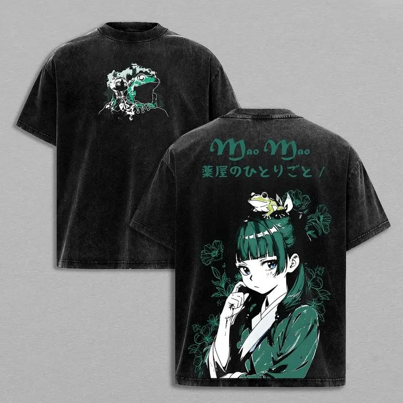 Men's Oversized Crew Neck Short-Sleeve Graphic T-Shirt - The Apothecary Diaries Anime Double-Sided Print, Vintage Washed Heavy Cotton Japanese Streetwear Top, Distressed, Festive, All Seasons Figure-Flattering Menswear Tshirt