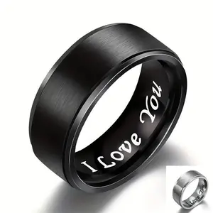 Rich. Jewelry. Elegant Men’s Titanium Steel ‘I Love You’ Engraved Ring – Romantic Black Band with Creative Lettering, Ideal as a Wedding, Anniversary, and Valentine’s Day Gift, Sizes 6–12