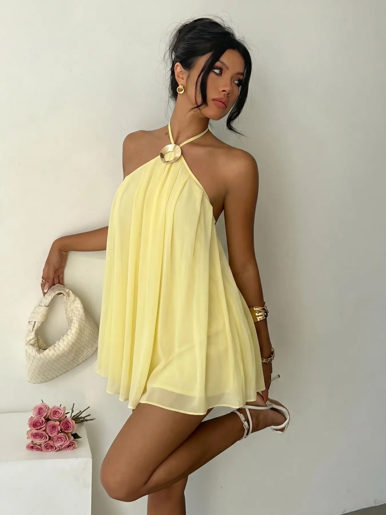 Yellow Halter Metal Buckle Chiffon Mini Dress - Backless, Sleeveless Beach Style Summer, Soft Flowy Fabric for Vacation & Date, Versatile, Casual Sexy Outfit, Wrinkle Resistant for Party & Daily, Casual Wear