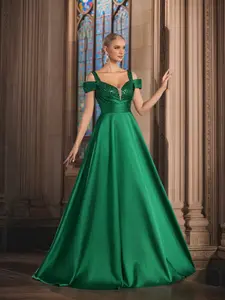 Elegant Emerald Green Formal Dresses for Women, Off Shoulder Maxi Prom Gown, Luxury Satin A-Line Evening Dress, Perfect for Graduation, Wedding Guest & Special Occasions