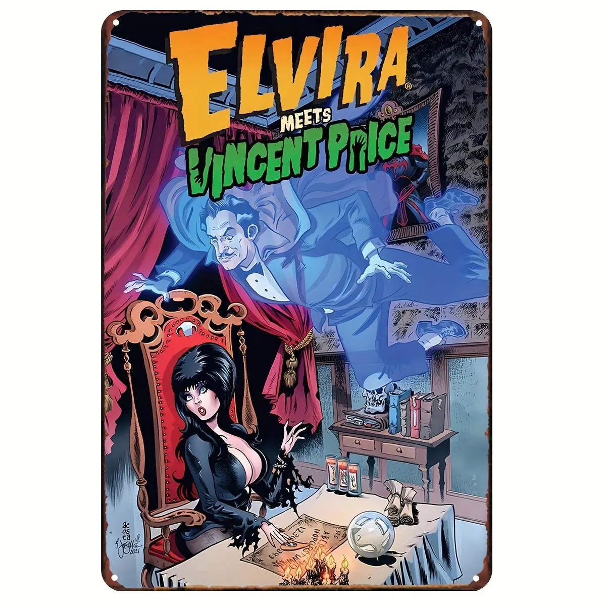 Vintage Horror Elvira Meets Vincent Price Retro Metal Tin Sign Wall Art - 1pc 8" x 12" Rectangular Weather-Resistant Iron Plaque, Home Decor, Home Bar Wall Accent