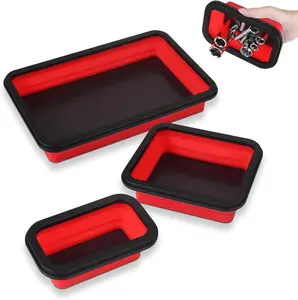 Upgrade Collapsible Magnetic Parts Tray Set, Foldable Magnetic Tool, 4.25 inch Square Silicone Bowls with Magnetic Base Stores and Organizes Small Parts and Tools