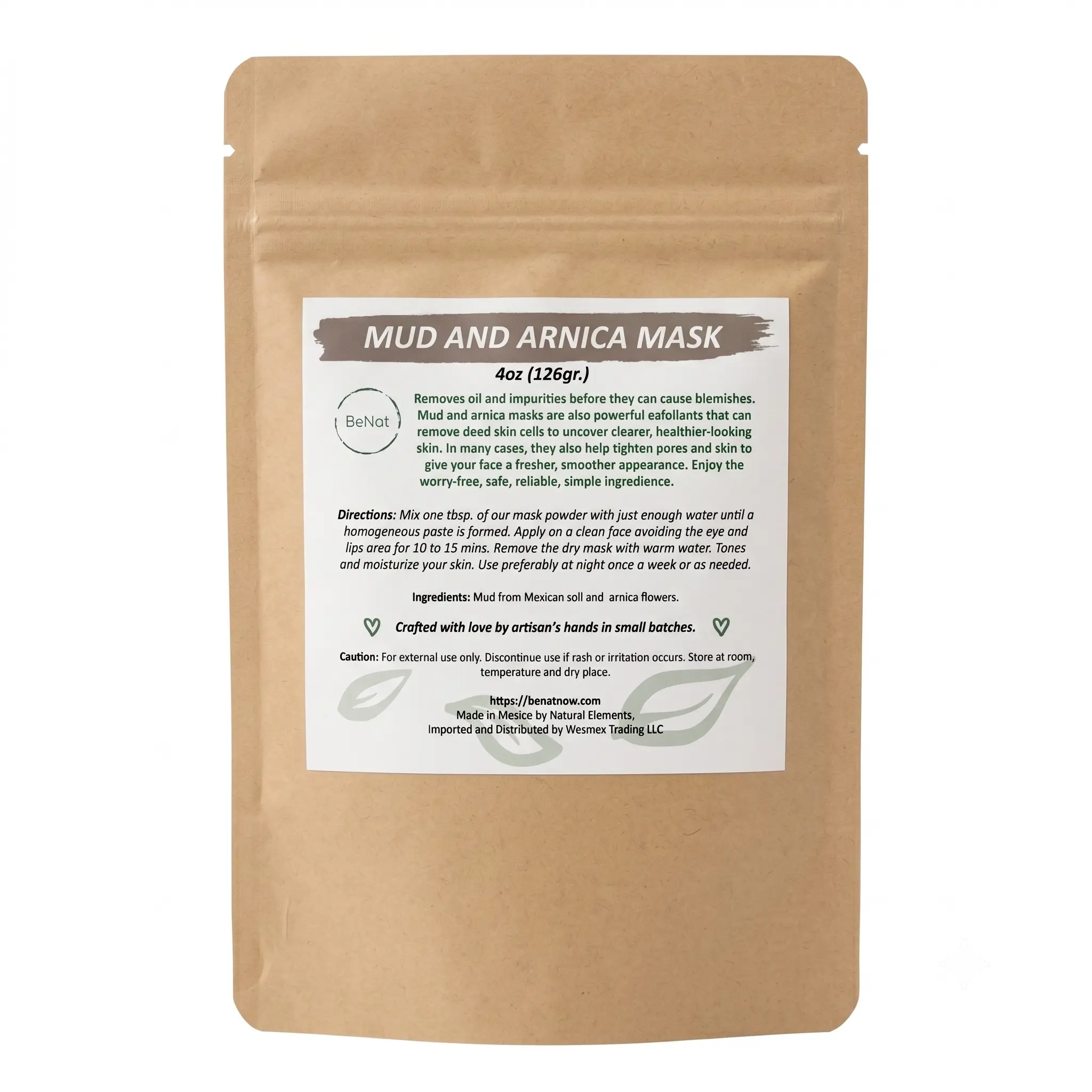 BeNat All-Natural Mud and Arnica Clay Face Mask Powder 4oz | Deep Pore Cleansing Facial Exfoliant for Impurities and Oily Skin Care