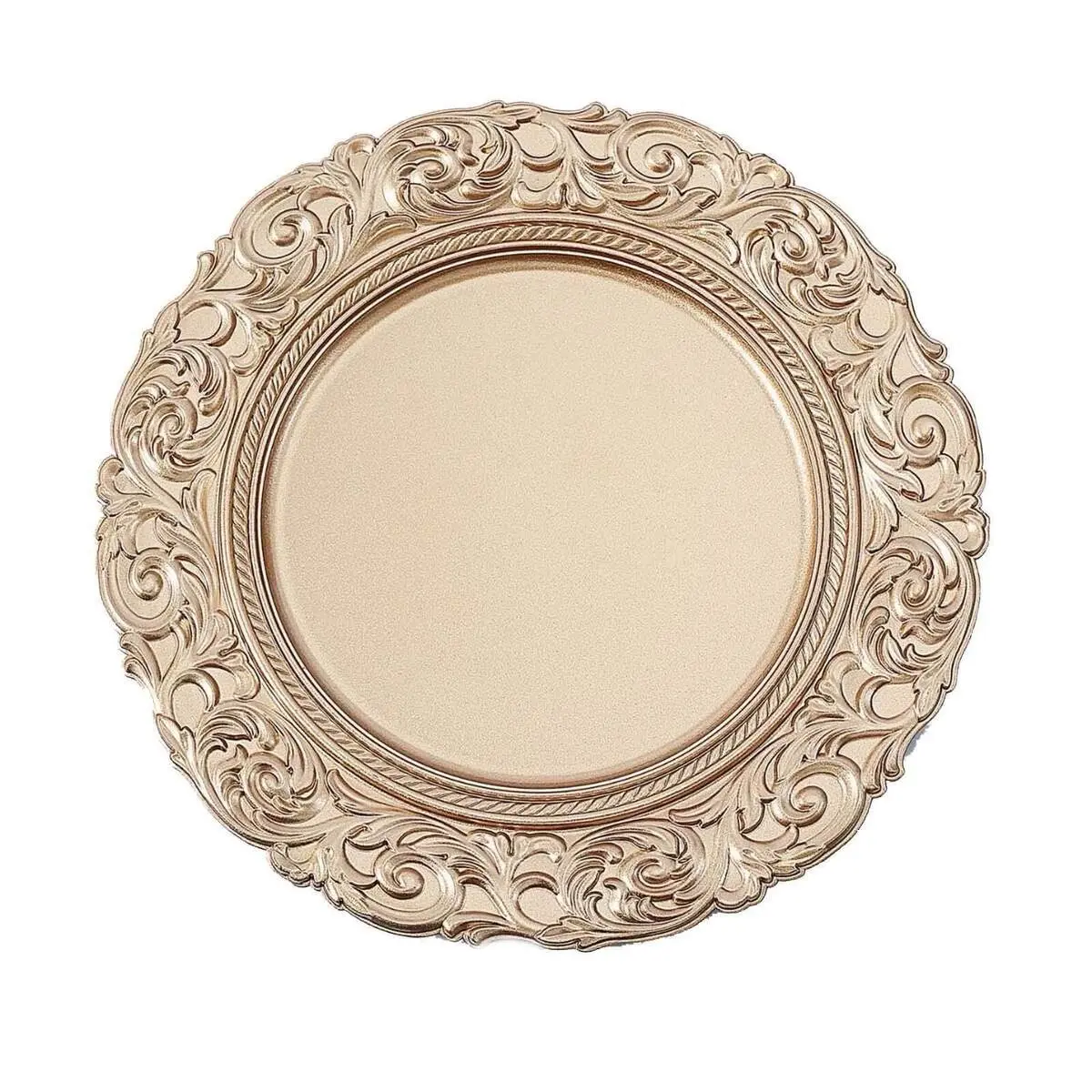12 Pack  - 13” Round Baroque Charger Plates Plastic Gold. Bakeware