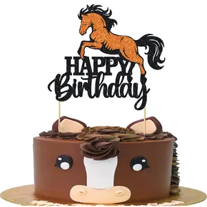 1pc Horse Happy Birthday Cake Topper Bamboo Glittery Shiny Finish Racing Equestrian Themed Birthday Cake Decoration for Party Cake Decorations