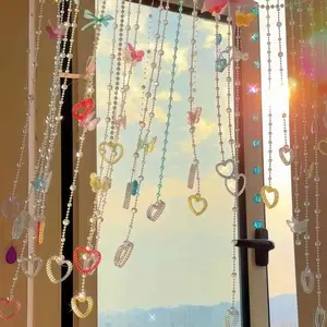 Handmade Beaded Hanging Decorative Curtain, Decorative Hanging, Acrylic Heart-Shaped Beaded Curtainfor Home, Coffee House, Bedroom, Restaurant, Dreamy, Girly, Butterfly-Printed Room Divider Curtain for a Girl's Bedroom (INFP Style)