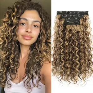 H M D Women's 4PCS 16-inch Clip-in Curly Hair Extensions, Natural Weft, Tangle-Free Synthetic Fiber, Secure Fit Hair Extensions Clip In
