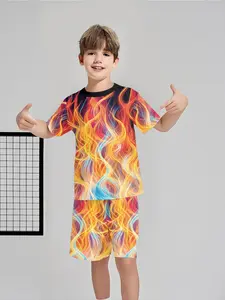 Colorful Flame All-Over Print Two-Piece Set of Short-Sleeve T-Shirt and Shorts, 100% Polyester Casual Loose-Fit Outfit, Fun Printed Patterns for Summer, Outdoor Sports T-Shirt Set, Perfect Gift for Boys
