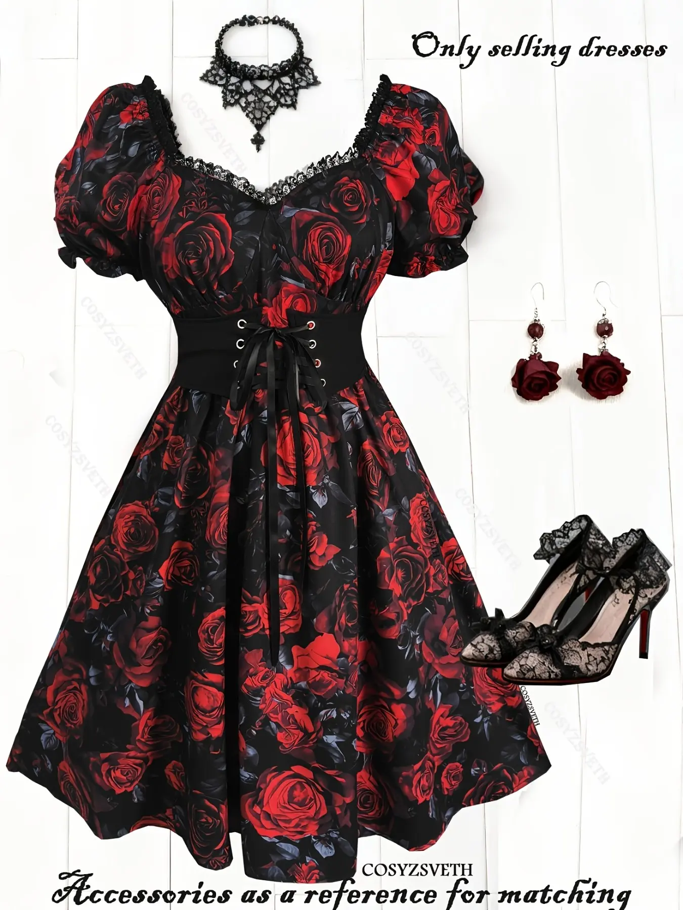 Gothic Vintage Bubble Sleeve Rose Print Dress, Lace Patchwork Dark Rose Retro Dress, Spring Summer Women's Floral A-Line Dress, Elegance, Womenswear, Casual Classy Elegant Dresses