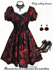 Gothic Vintage Bubble Sleeve Rose Print Dress, Lace Patchwork Dark Rose Retro Dress, Spring Summer Women's Floral A-Line Dress, Elegance, Womenswear