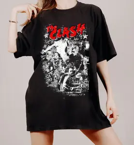Women's Baggy Crew Neck Cotton The Clash Graphic T-Shirt - Casual Loose Old School Rock Vibes Streetwear Clothes for Trendy Ladies, Baggy Women's T-Shirts t17105