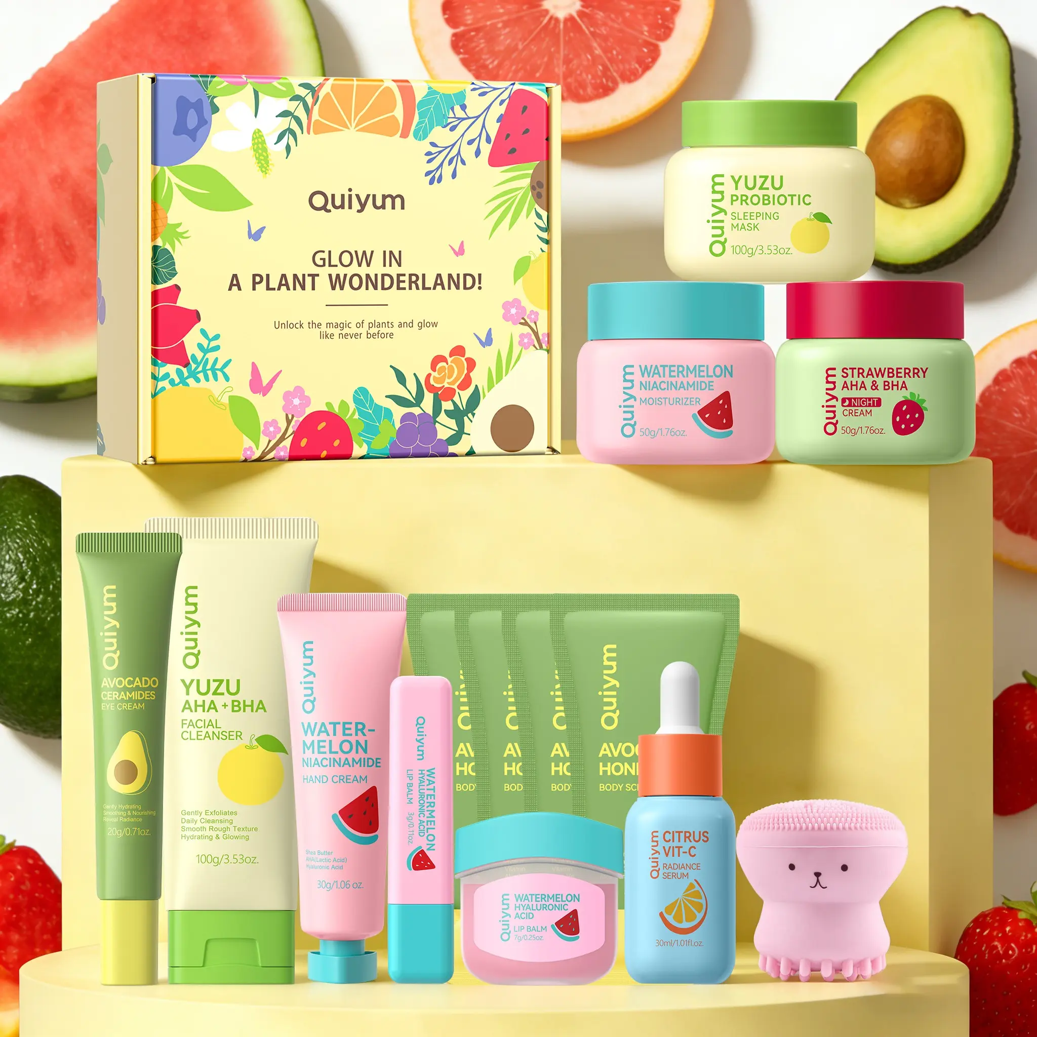 Quiyum Fruit Skincare Set with Cleanser, Creams, Masks, Hand Cream, Lip Balm, Eye Cream, Scrub & Serum, Best Gift, Skin Care Set for Women & Girl, Skin Rejuvenating Set, Moisturizing Care Set, Hydration Set, Silky Hydration Set