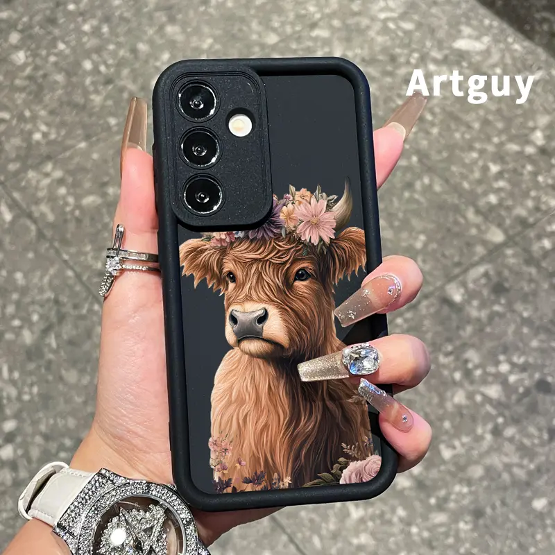 Phone Case Compatible with Samsung Galaxy S23 Ultra S24 Plus S25 S22+ Flower - Crowned Highland Cow Pocket-Friendly Shockproof Silicone Protective Softcase