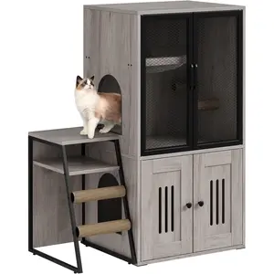Dual Cat Litter Box Enclosure with Doors, Storage Compartment & Step