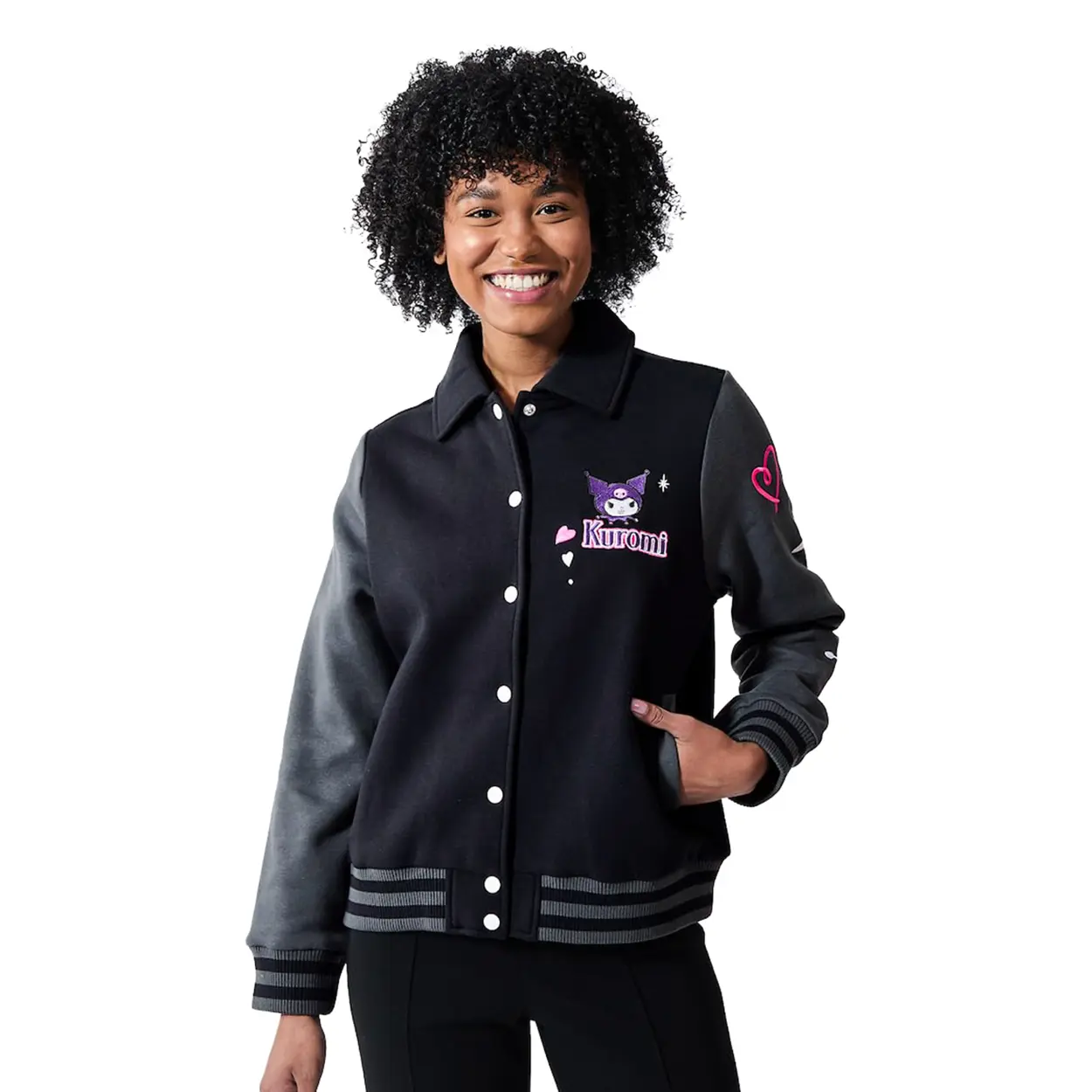 Women's Kuromi Embroidered Graphic Varsity Jacket, Cotton Blend Letterman Coat with Snap Buttons and Stripe Ribbed Trim