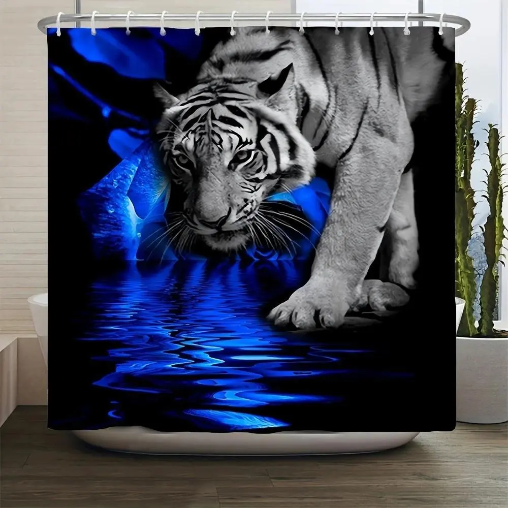 blue water wave white tiger pattern printed shower curtain, Shower Essentials, Bathroom decoration accessories, perfect for bathroom decoration, waterproof, wear-resistant, easy to clean, machine washable, multiple sizes, send shower curtain hook