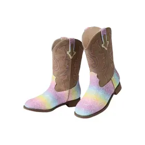 Girls Cowgirl Boots Mid Calf Square Toe Western Boot for Kids Glitter Cowboy Boot in Party for Toddler Little Big Girls Riding Shoes