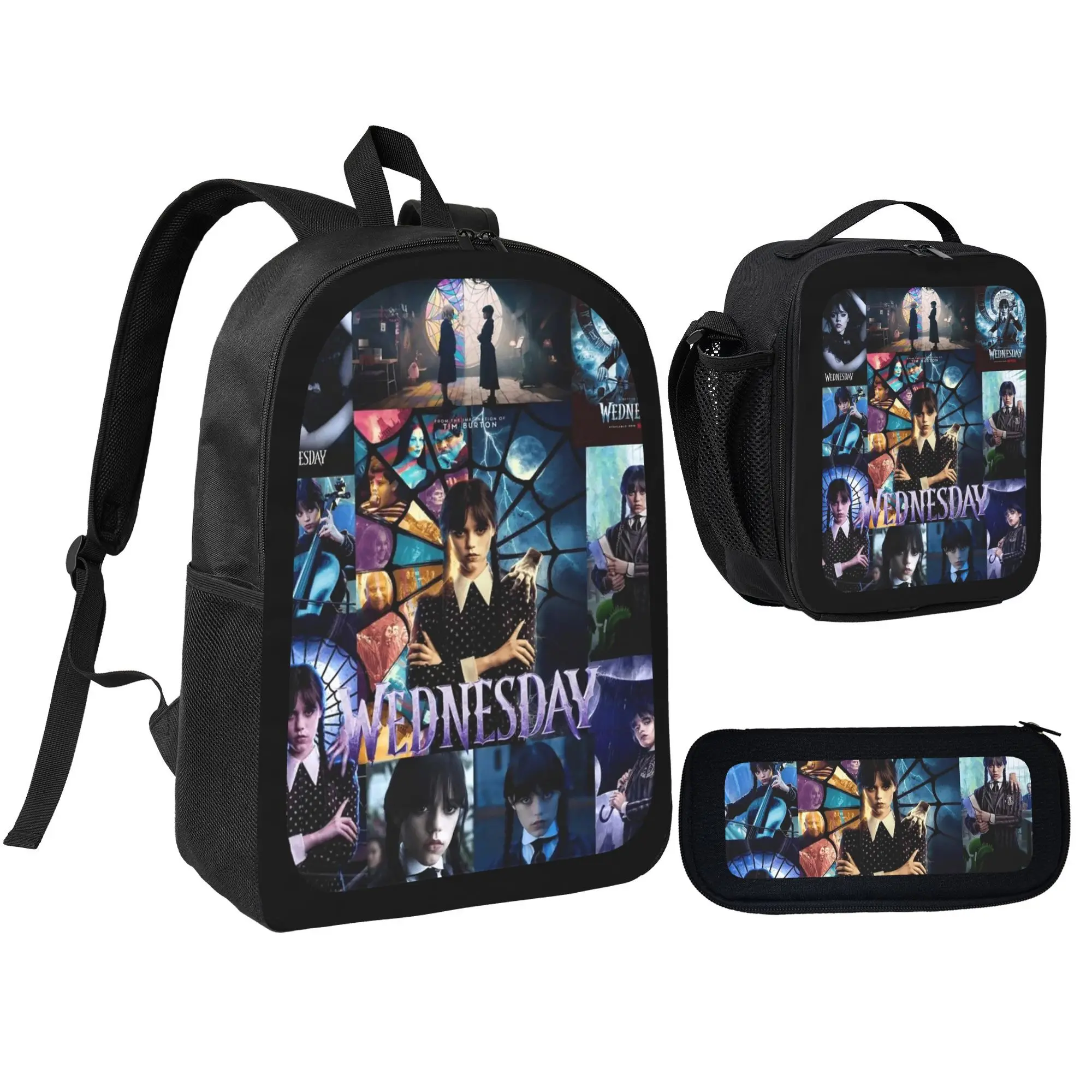 Wednesday Themed School Set - Backpack, Insulated Lunch Bag & Pencil Case Combo, Dark Gothic-Inspired Design for Kids, Ideal for Back to School & Daily Use