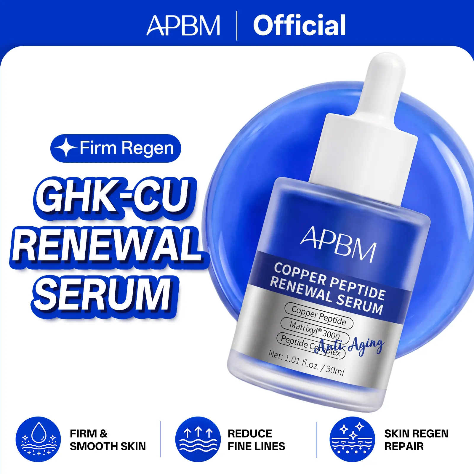 APBM Copper Peptides Serum Face | GHK-Cu Copper Peptide + Matrixyl 3000 + Hyaluronic Acid | Anti-Aging Firming Facial Serum for Fine Lines, Wrinkles & Elasticity Support | Lightweight Hydrating Serum for Smoother, Firmer-Looking Skin (1.01 fl oz / 30ml)
