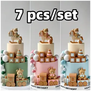 7Pcs Neutral Baby Cake Topper Set, Teddy Bear, Rocking Horse & Train Fondant Decorations, 3 Color Options, Perfect for Baby Shower, 1st Birthday & Gender Reveal Parties